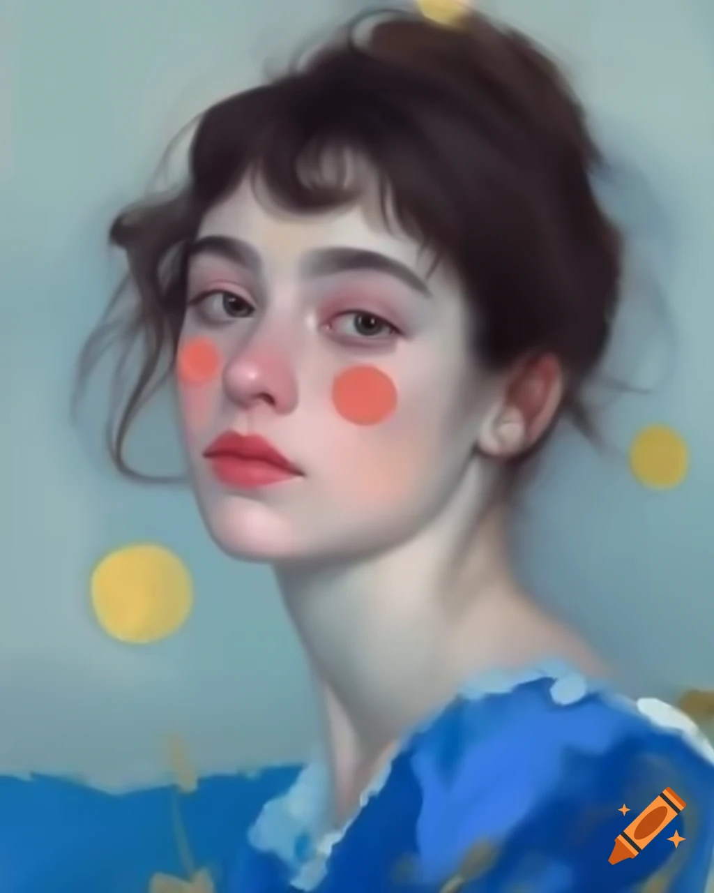Impressionist painting of a woman in blue dress with golden dots, calm expression