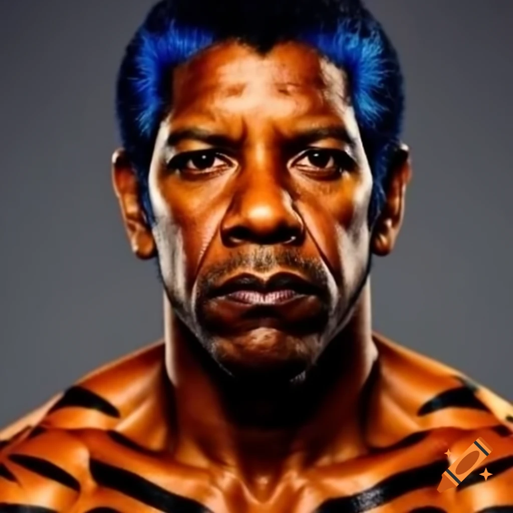 Muscular figure with tiger-style makeup, blue hair and orange skin