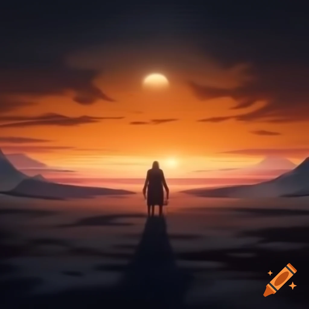 Sunset warrior emerging from arctic wasteland at dusk with golden and pink sky