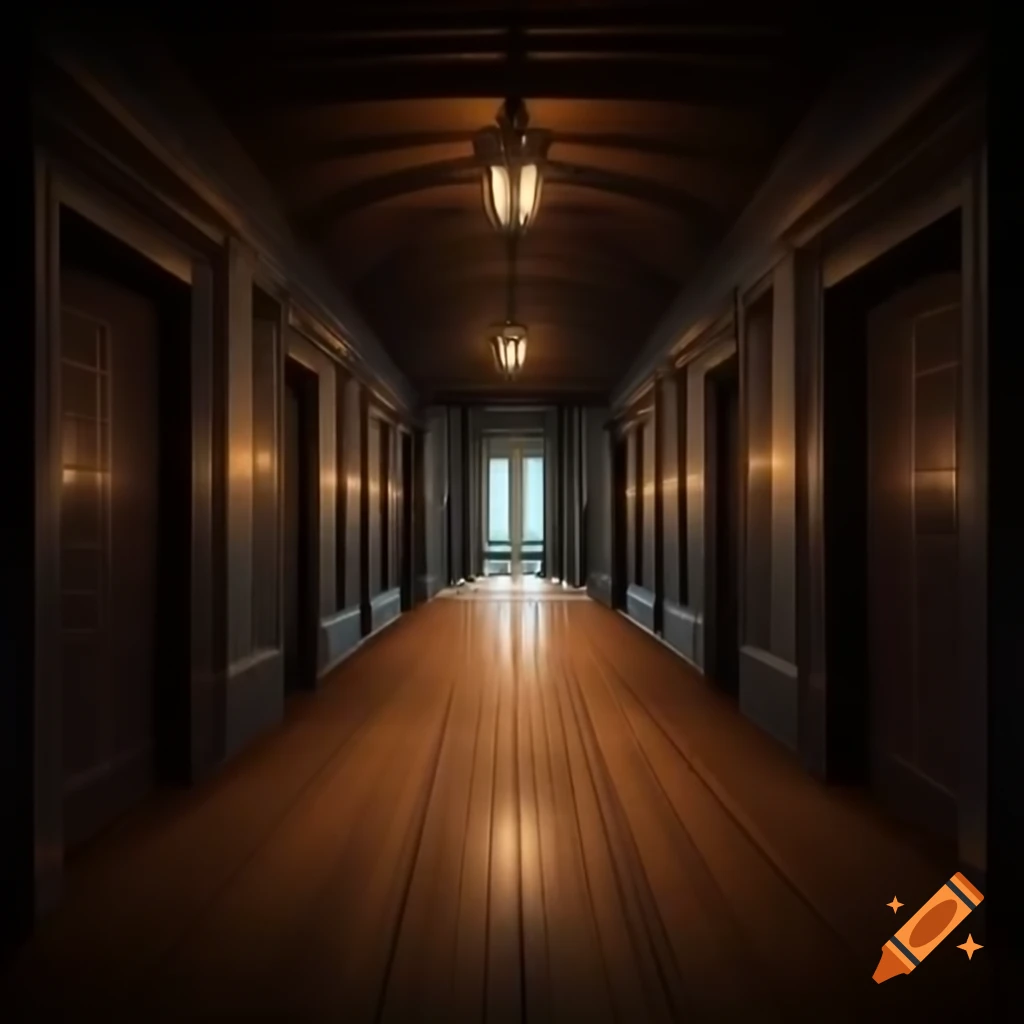 Dimly lit Victorian hallway with gleaming oak floors and ornate double doors