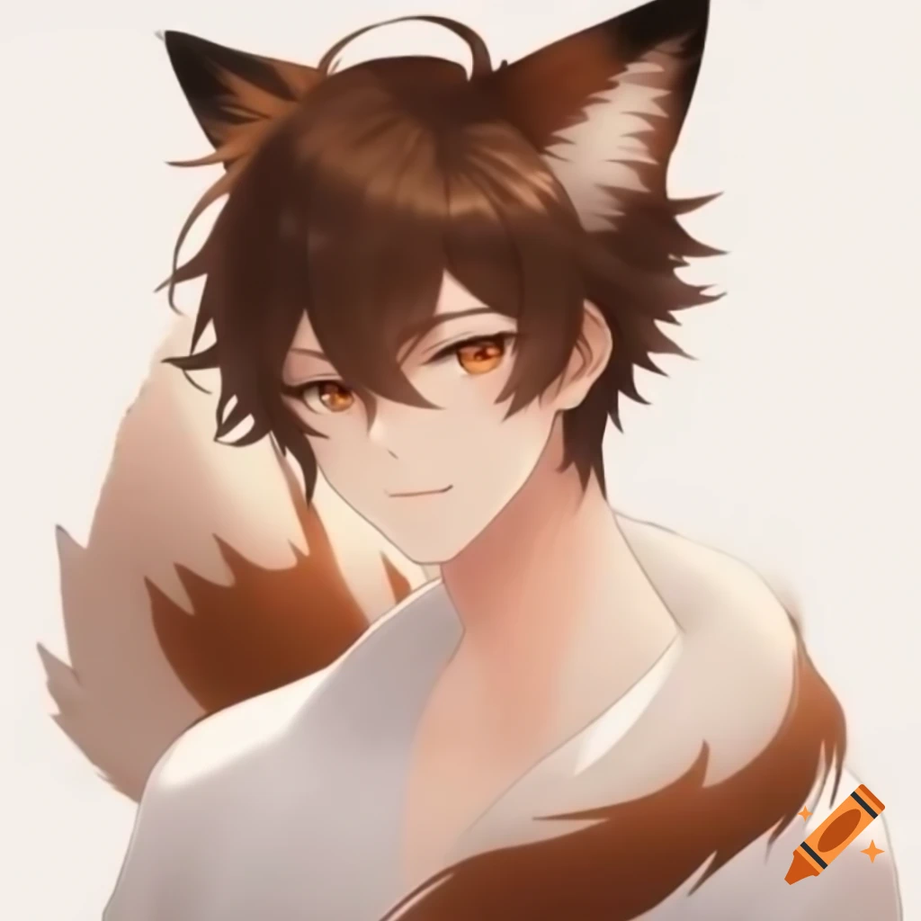 Anime character with fox tail and ears, brown hair and eyes