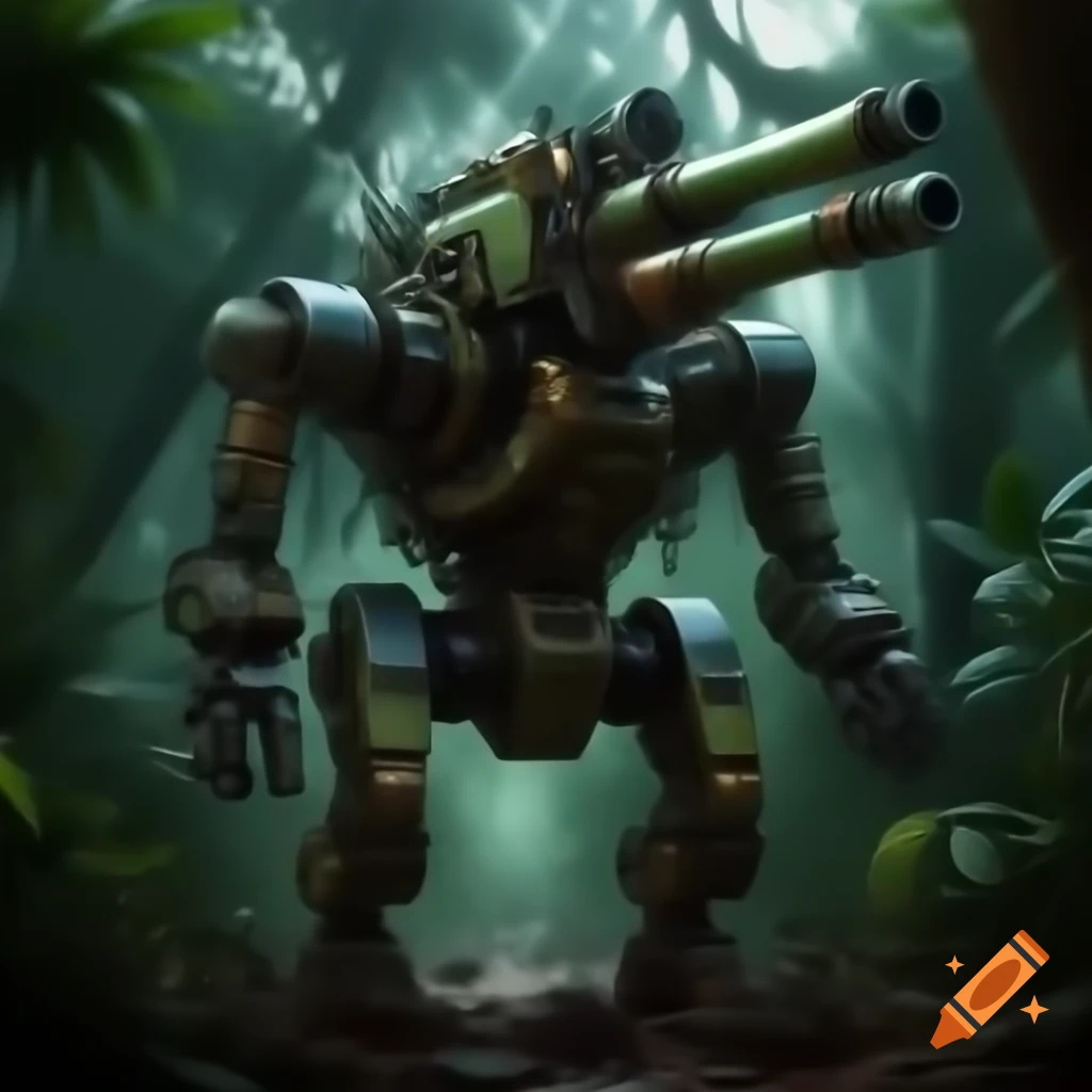 High-tech sentinel cannon with robotic legs carrying beer kegs in jungle battlefield