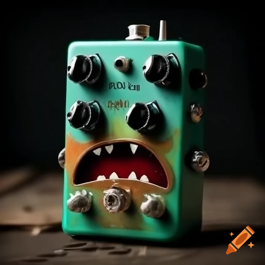 Fuzz Face guitar pedal with an angry, evil face design