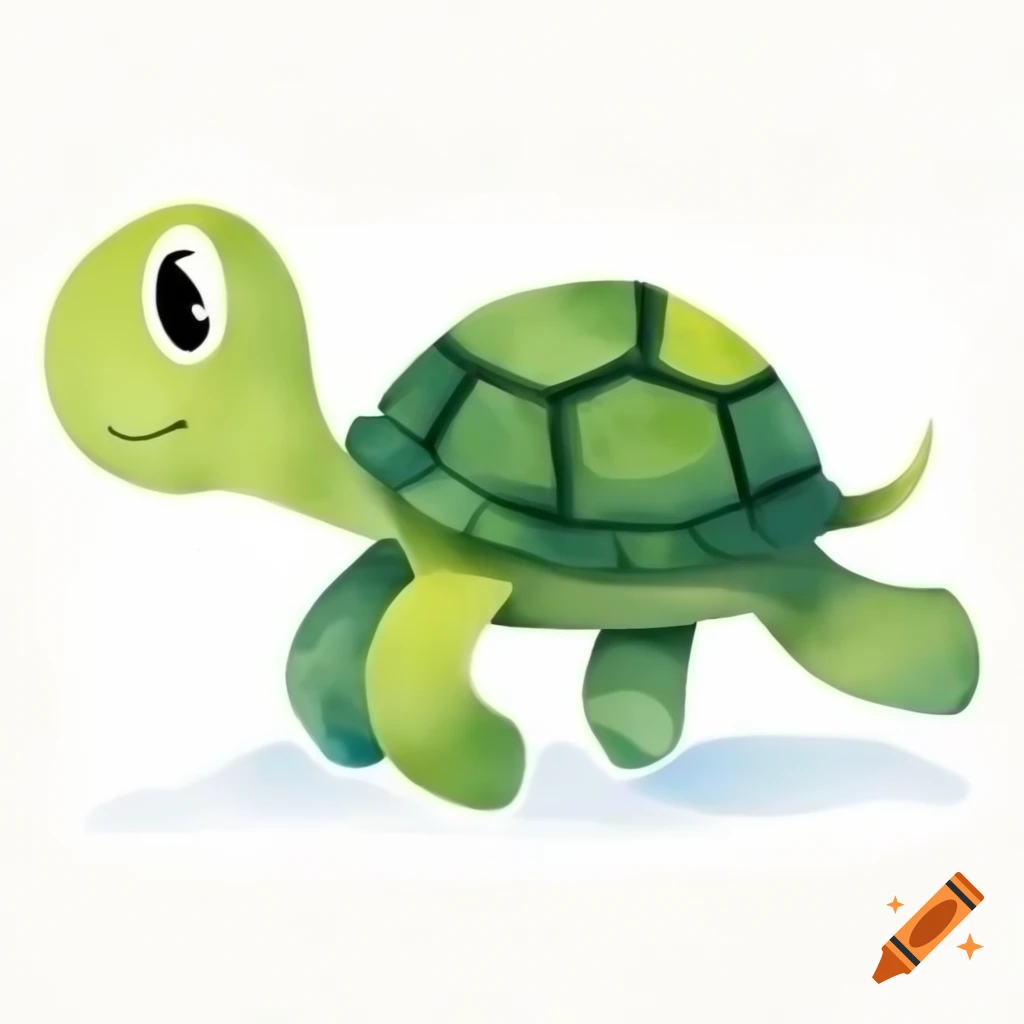 Cartoon turtle running on white background, watercolor style