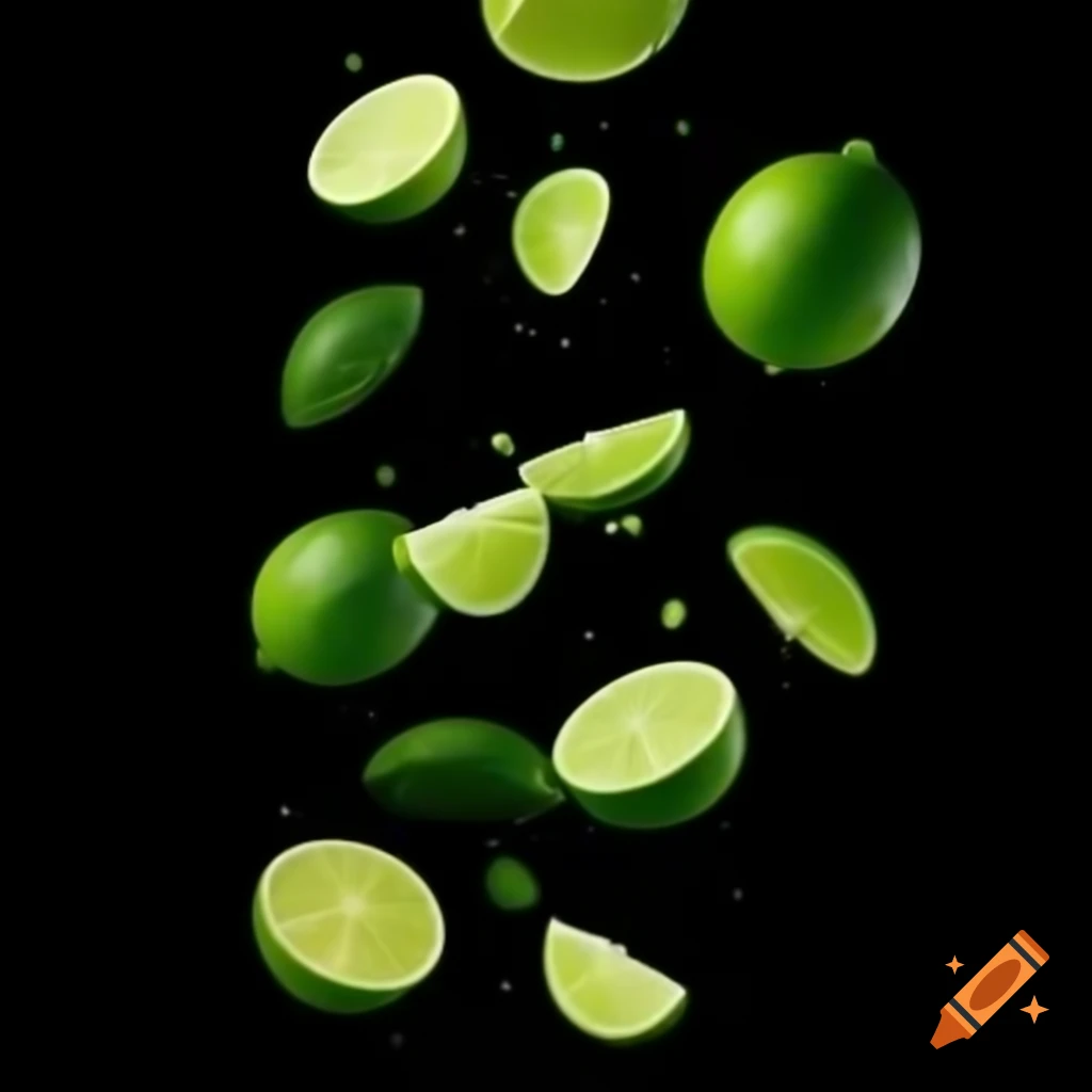Realistic green limes falling against black background