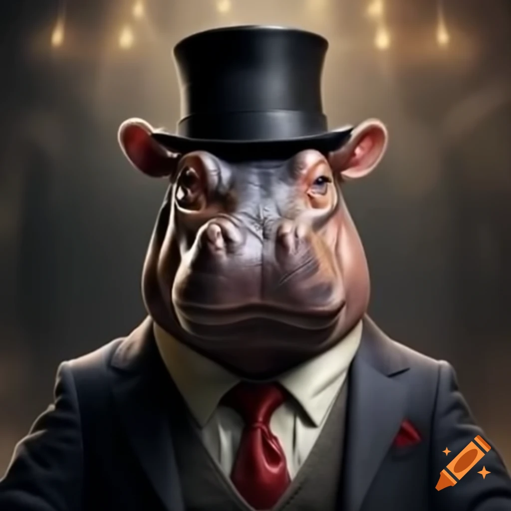 Hippopotamus wearing a top hat and suit