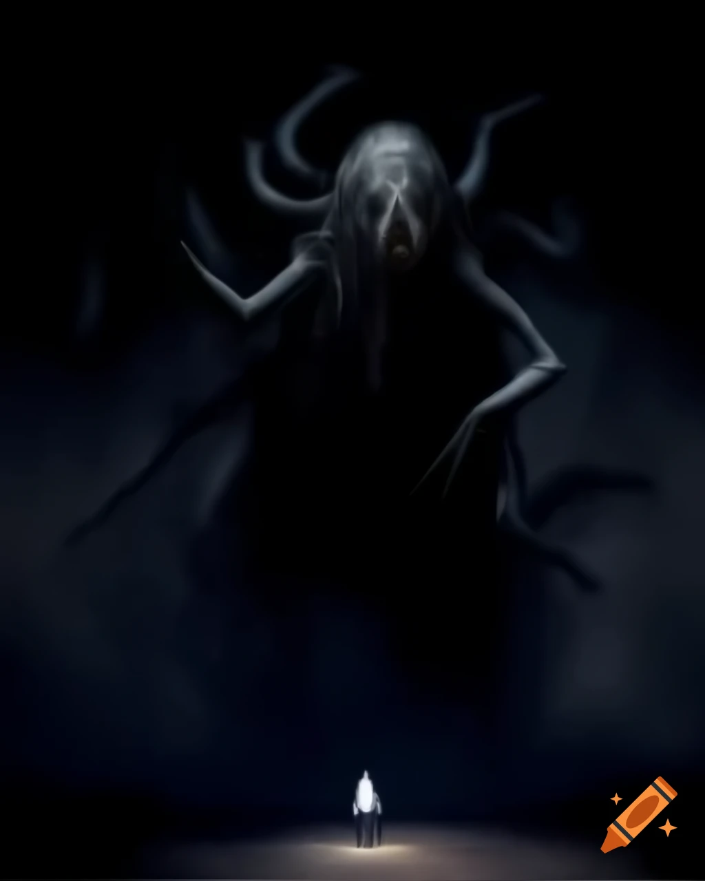 Dark, foreboding environment with shadowy figure whispering curse at lone person