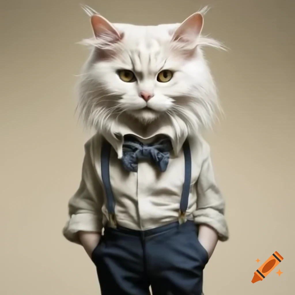 Anthropomorphic white Maine Coon cat in trousers and bow tie