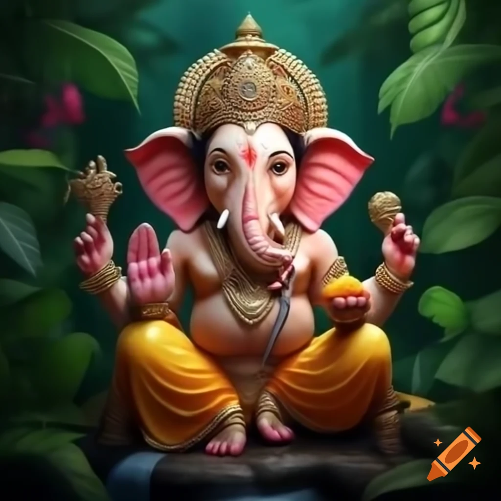 Ganesh idol in a lush jungle setting