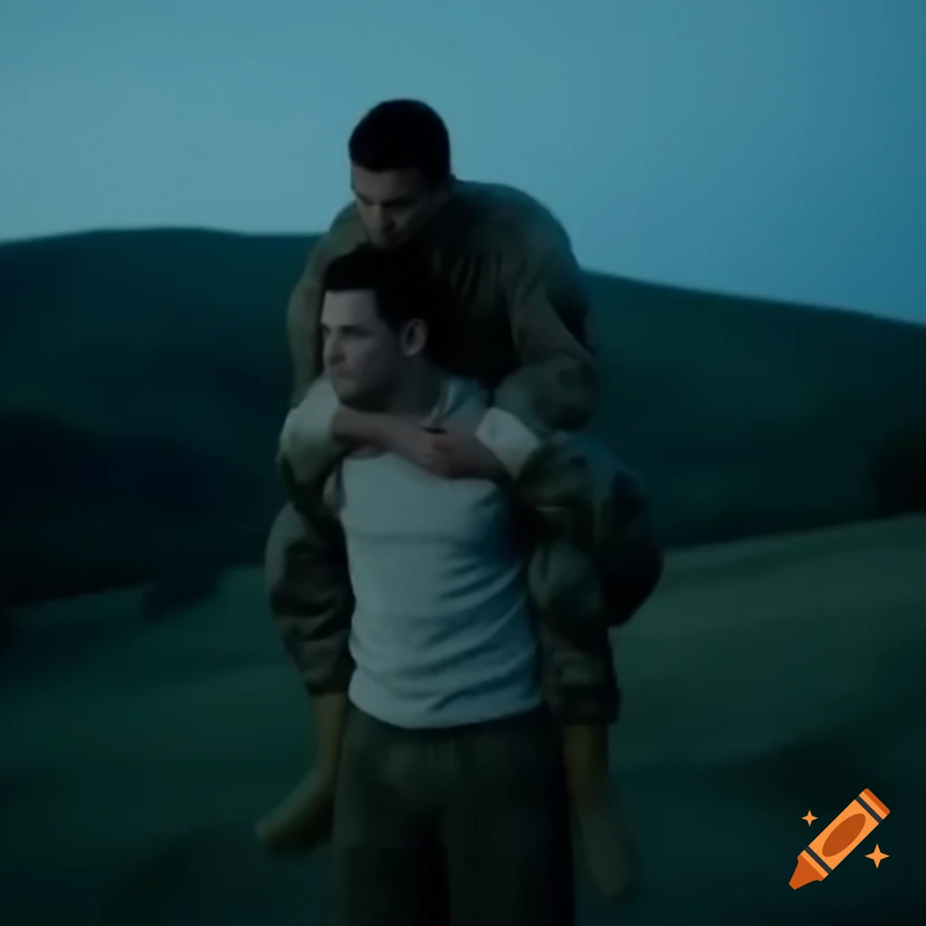 Man carrying soldier on shoulders through hills at night