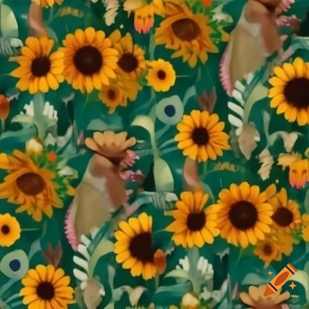 Seamless artistic flower pattern featuring sunflowers, morning glory, and lily of the valley