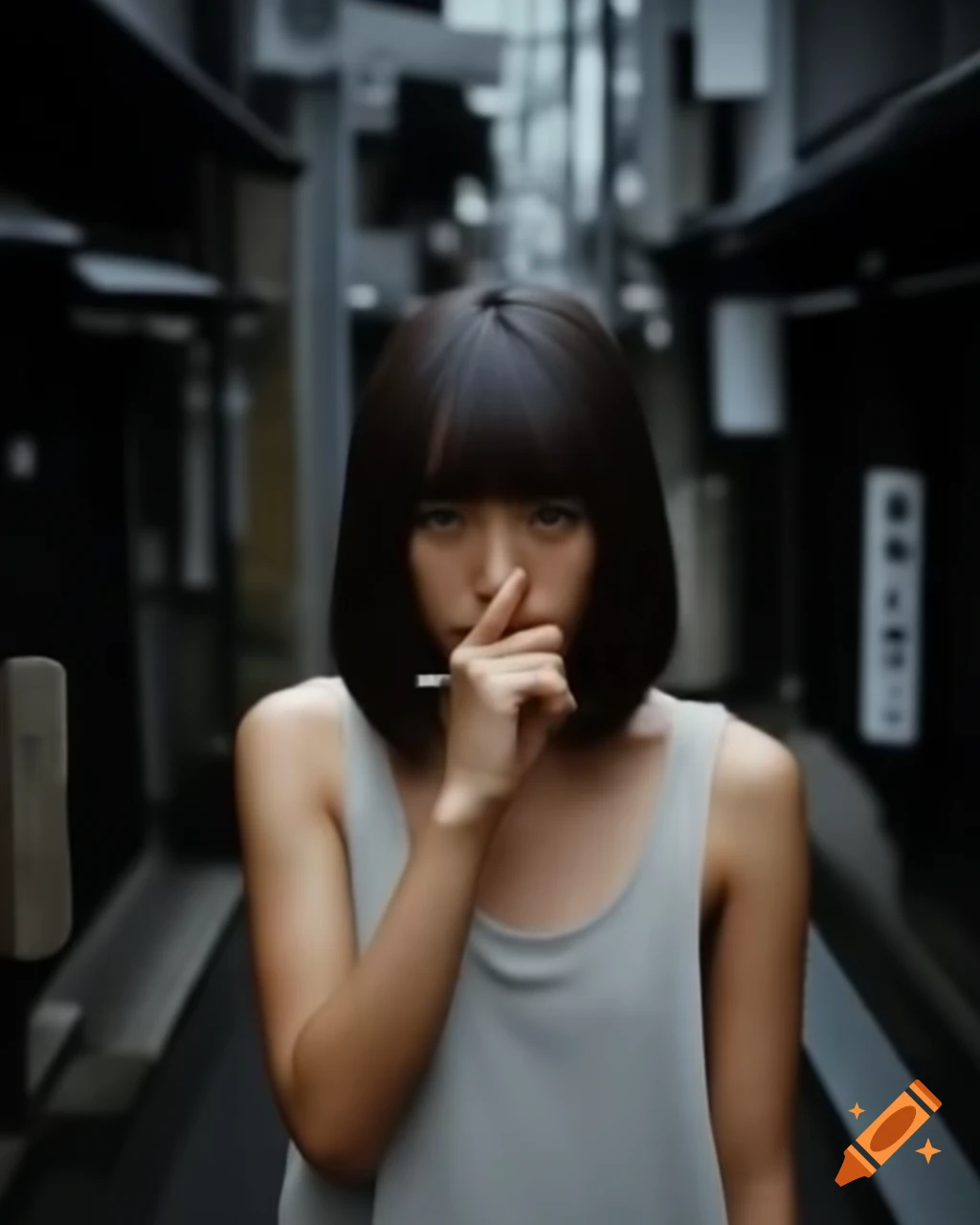 Young Japanese woman with melancholic expression in minimalist alleyway, wearing sleeveless dress