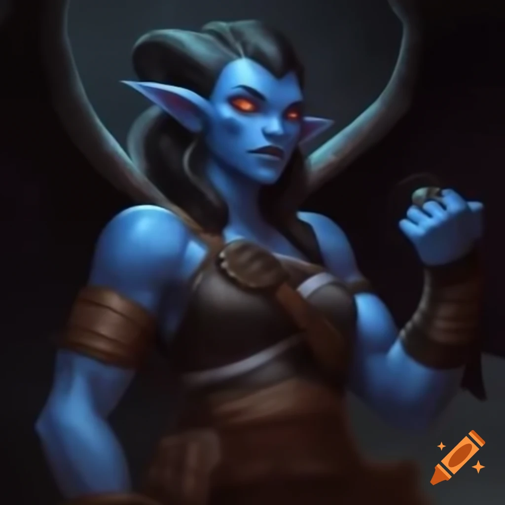 Blue-skinned female winged Tiefling barbarian with muscles and fur coat