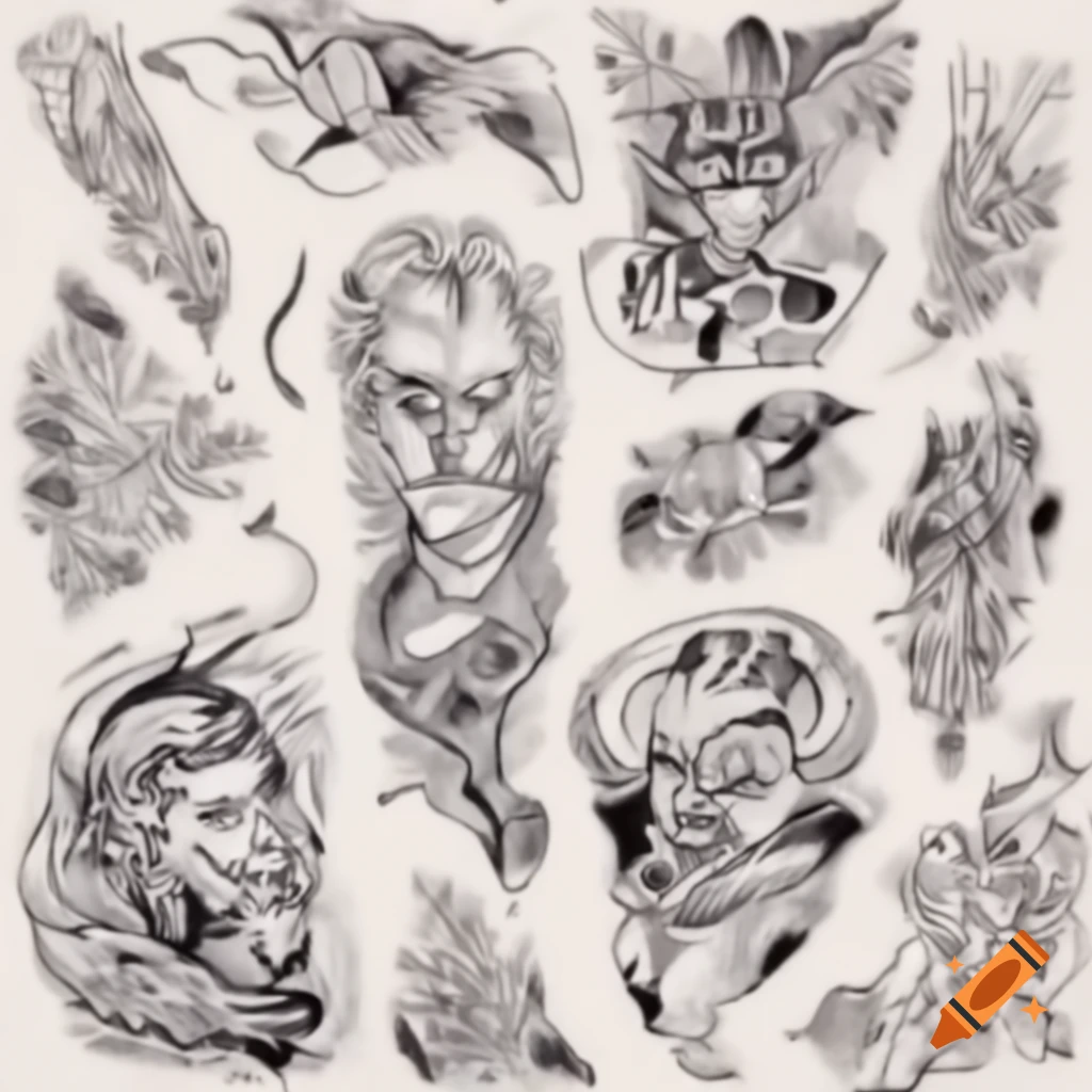 Collection of Scandinavian tattoo sketches featuring intricate linework and Nordic symbolism