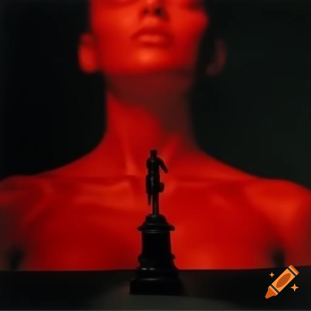 Pop surreal photography featuring red glass statue from the 2000s