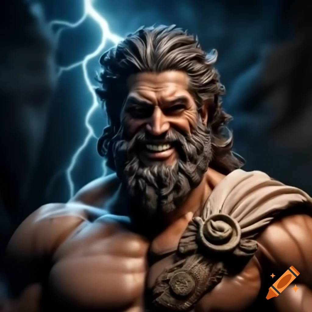Realistic depiction of Zeus smiling with lightning bolt