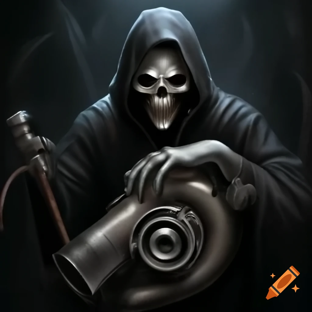 Grim reaper holding a turbo engine