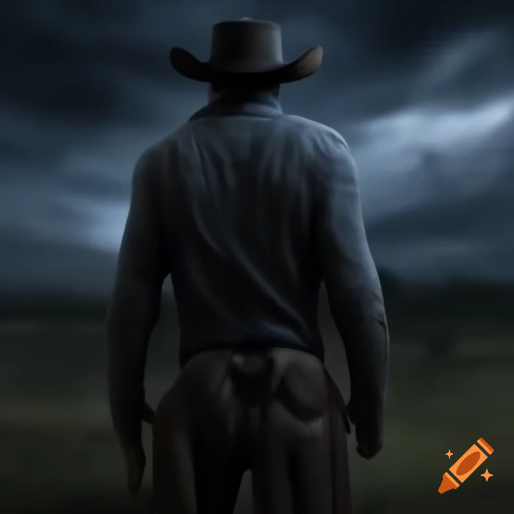 Fallen cowboy statue on stormy night with dark atmosphere