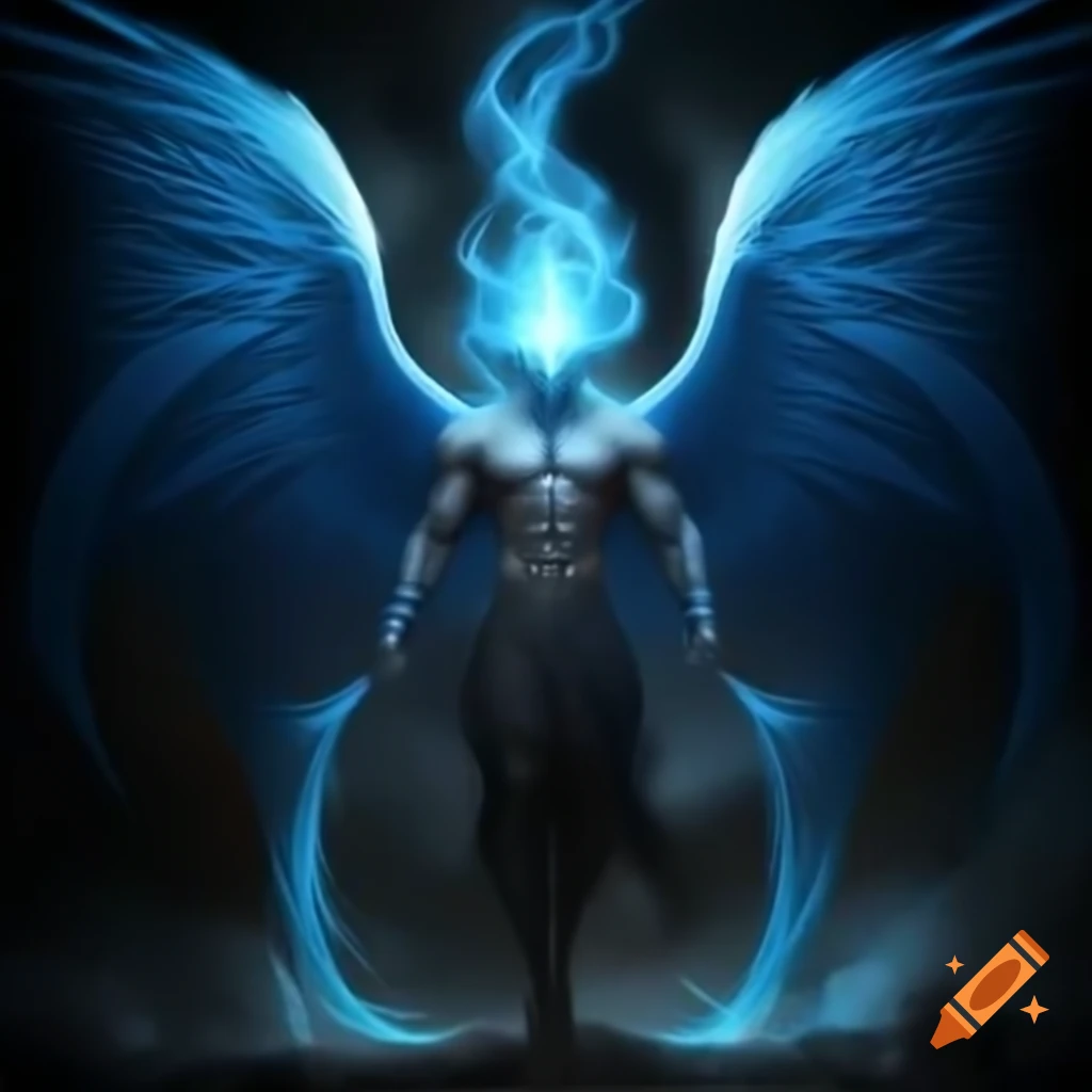 Illustration of an Akuma with bright blue wings and fiery eyes