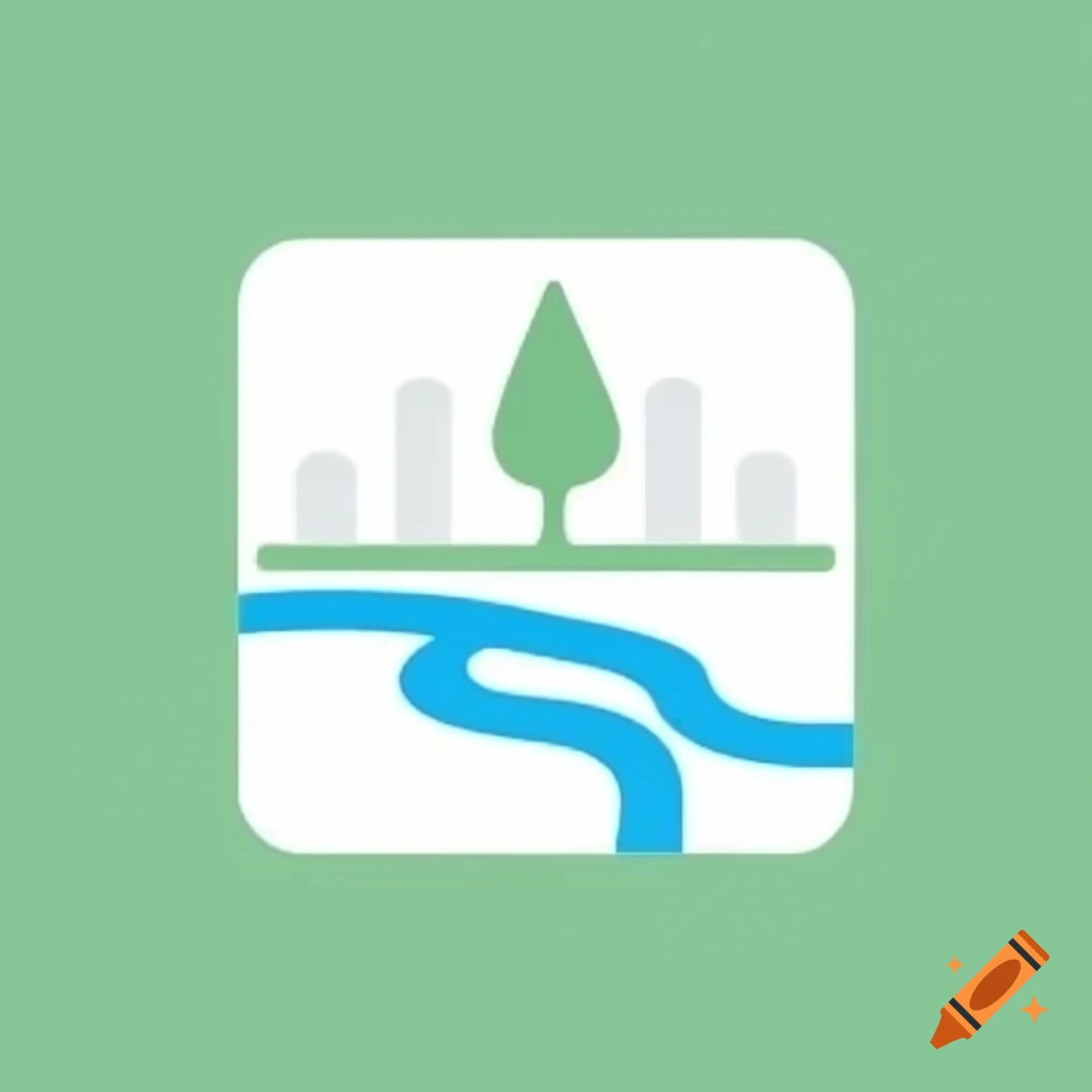 Logo with riverbank, tree, and slender building design