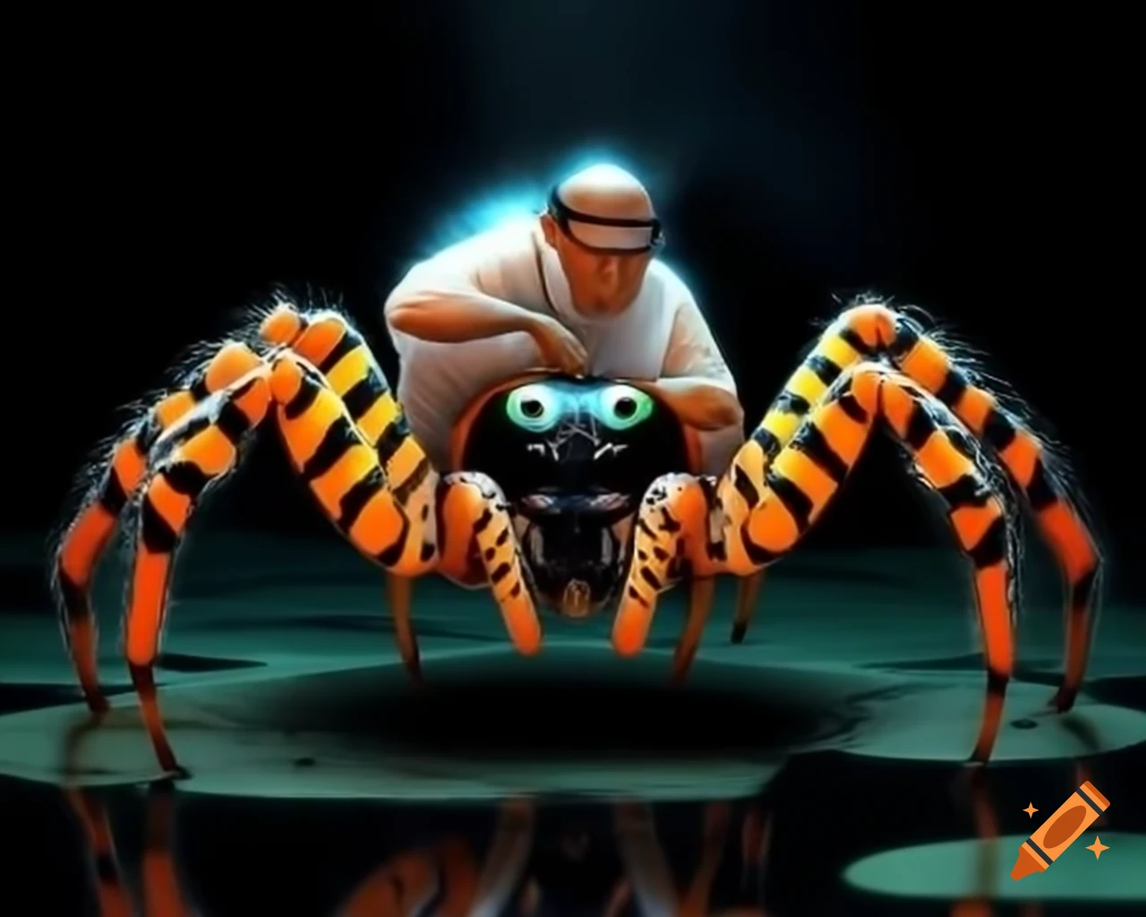 Translucent man in thought riding large tiger striped giant spider