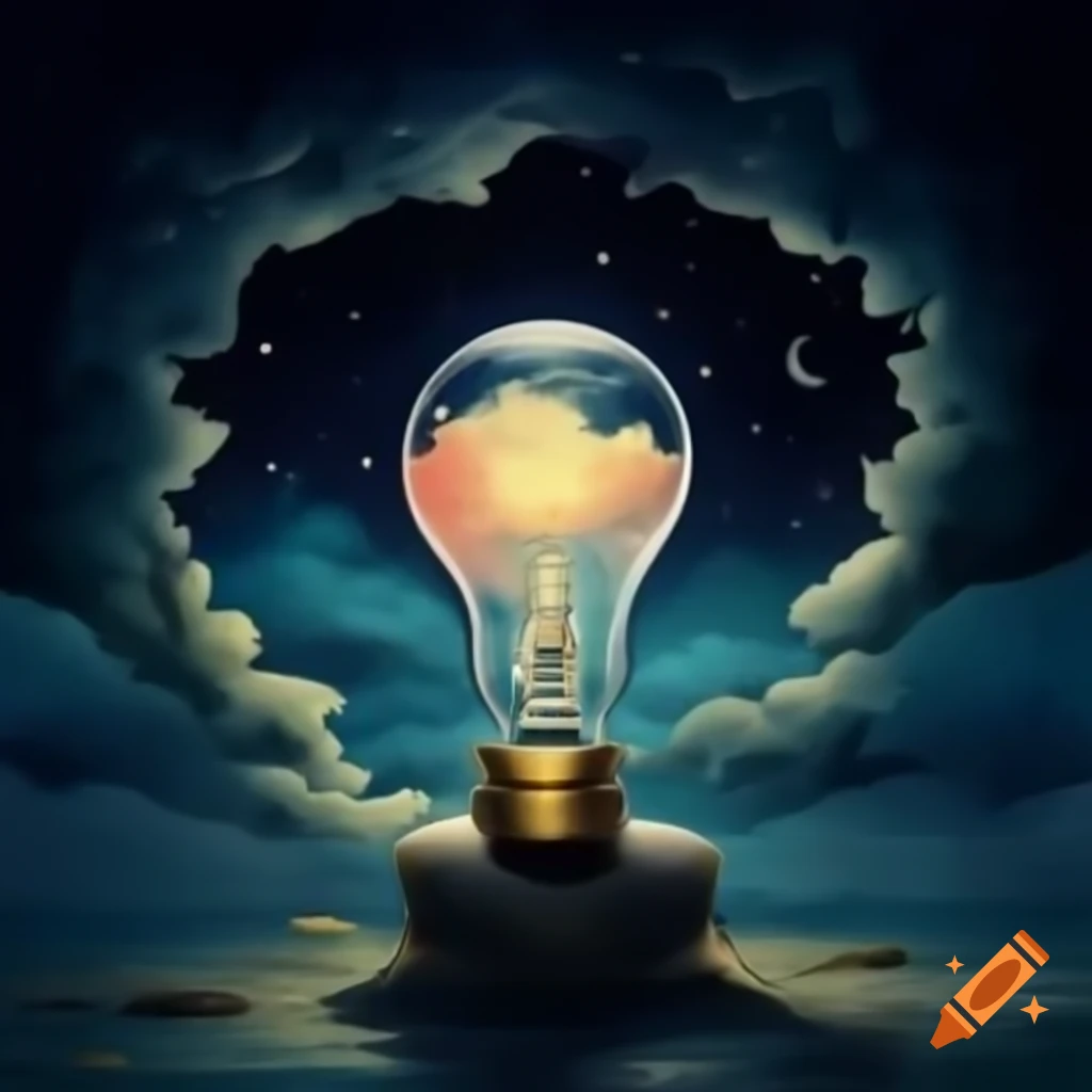 Whimsical night dreamscape inside vintage light bulb with miniature land and glowing moon