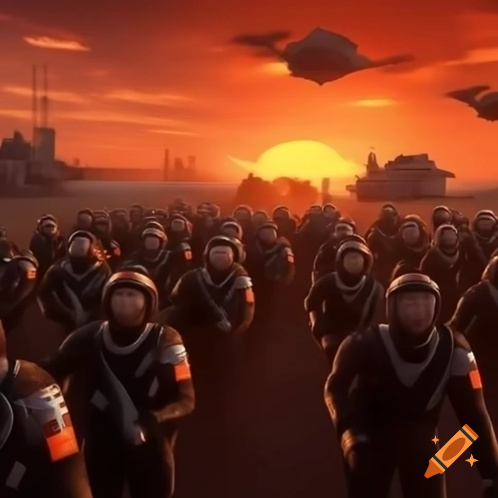 Gallifreyan Timelords guards in battle with futuristic city explosions
