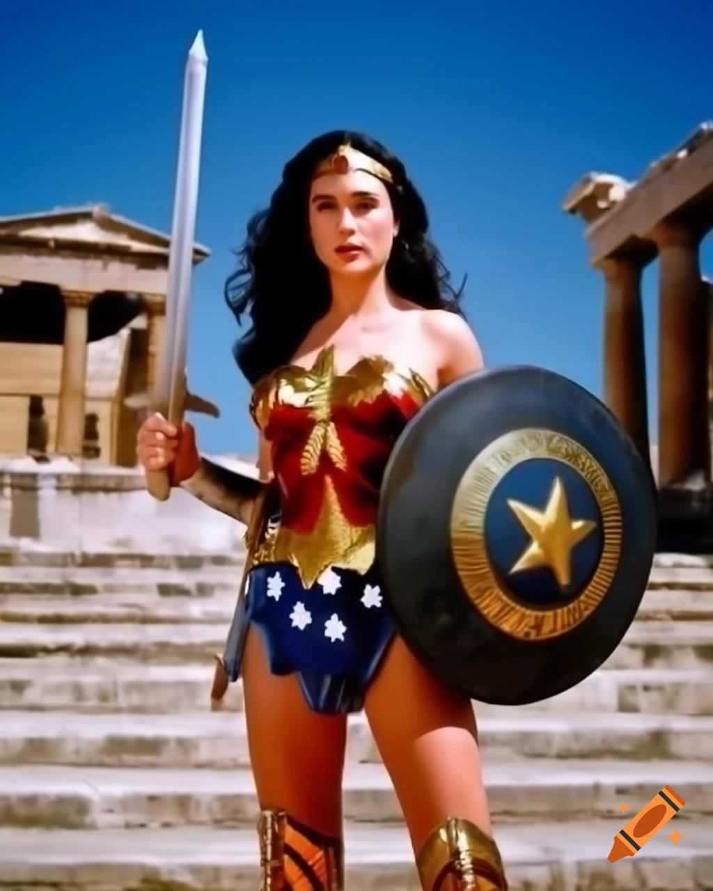 Wonder Woman holding sword and shield with Greek architecture in background
