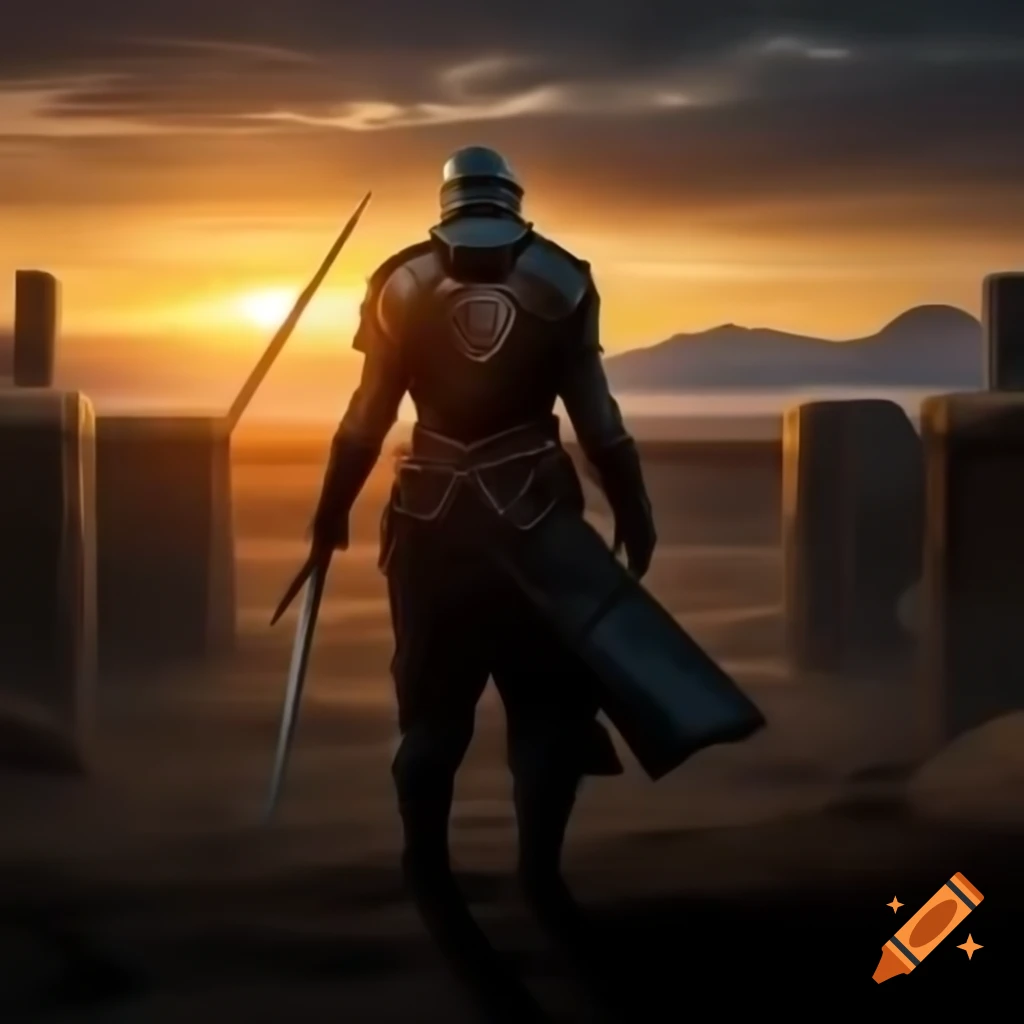 Sunset Warrior Ronin emerging from bunker in protective gear carrying helmet and sword