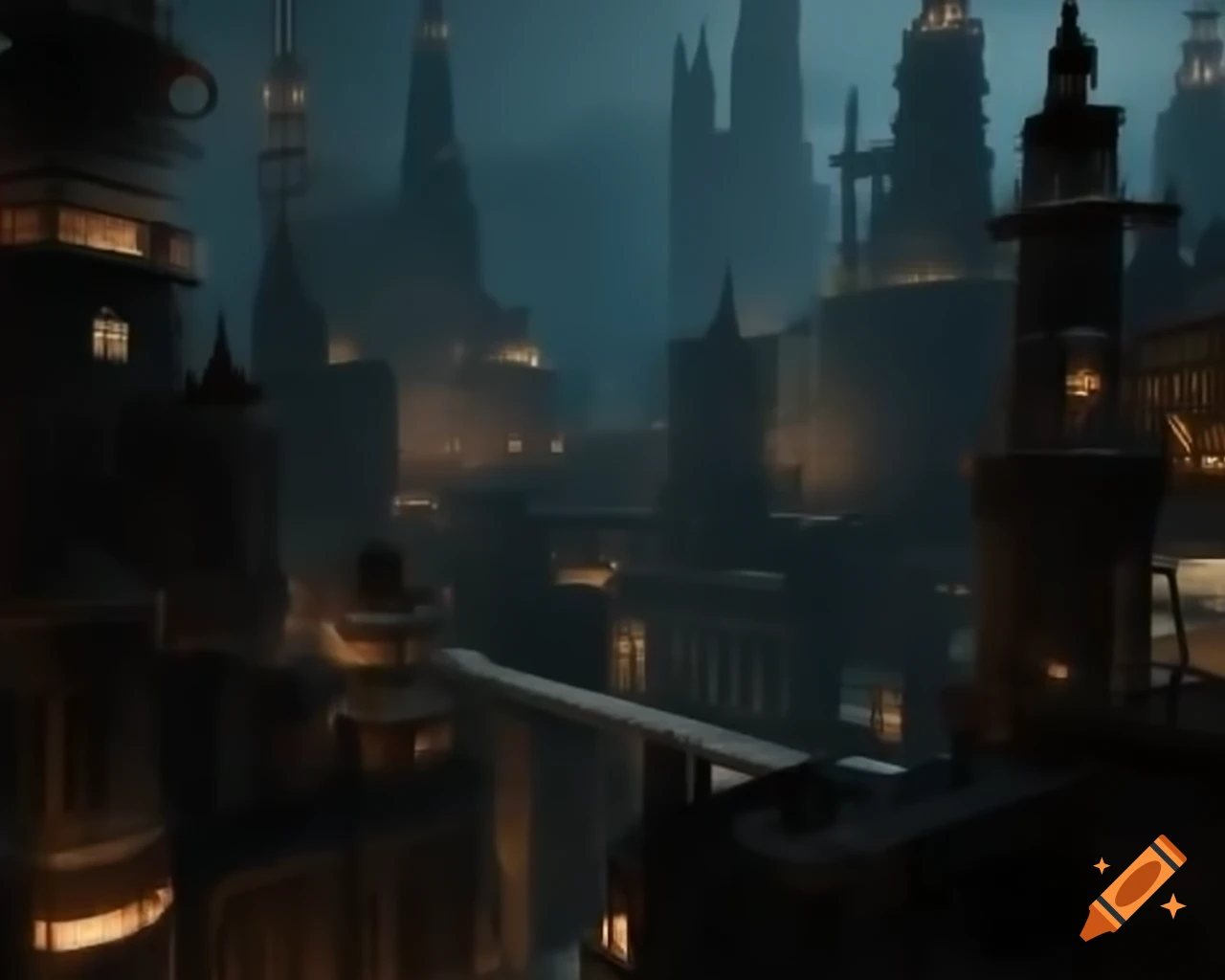 Alternate history cityscape with skyscrapers of rusted metal and intricate clockwork