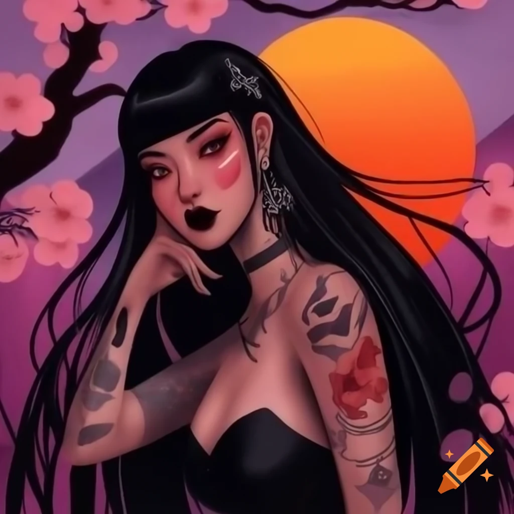 Alcohol ink painting of young woman with black hair, goth attire, and tattoos