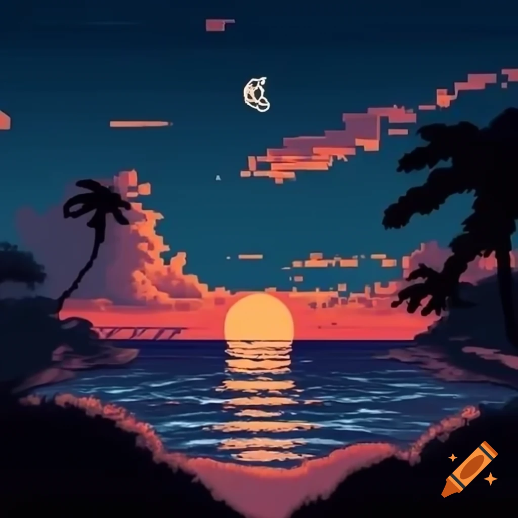Pixelated sunset beach scene with moon, inspired by 90s video games