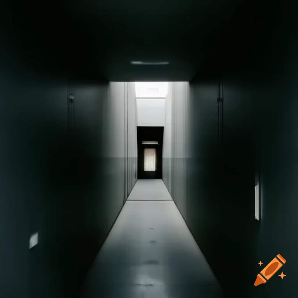 Dimly lit corridor with gray concrete walls labeled Corridor A, Pesto Corporation
