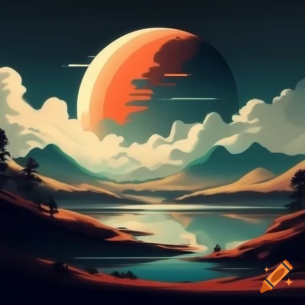 Surreal landscape with reflective lake, geometric hills, and patterned sky