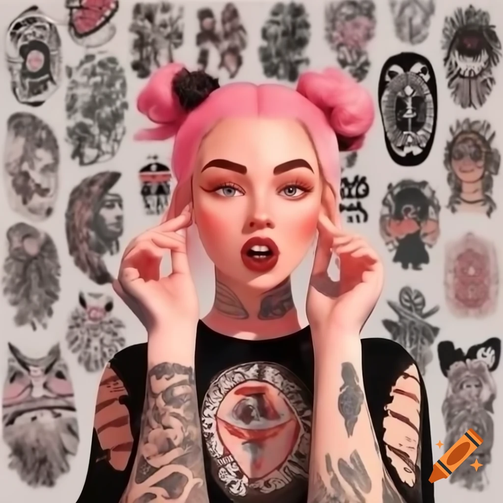 Woman with pink hair in ponytail admiring tattoo collection