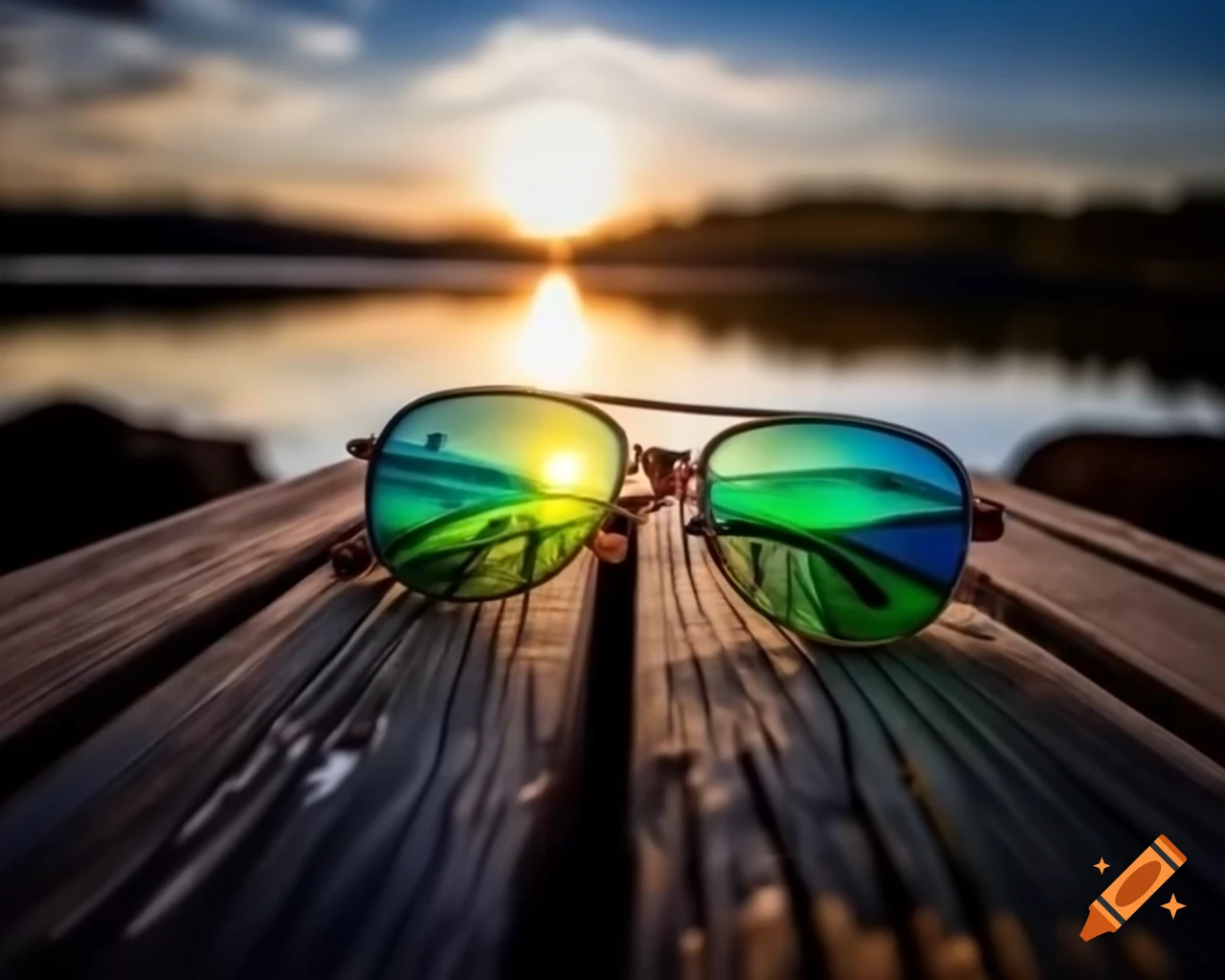 Sunglasses on weathered wooden bridge with emerald auroras over bokeh lake