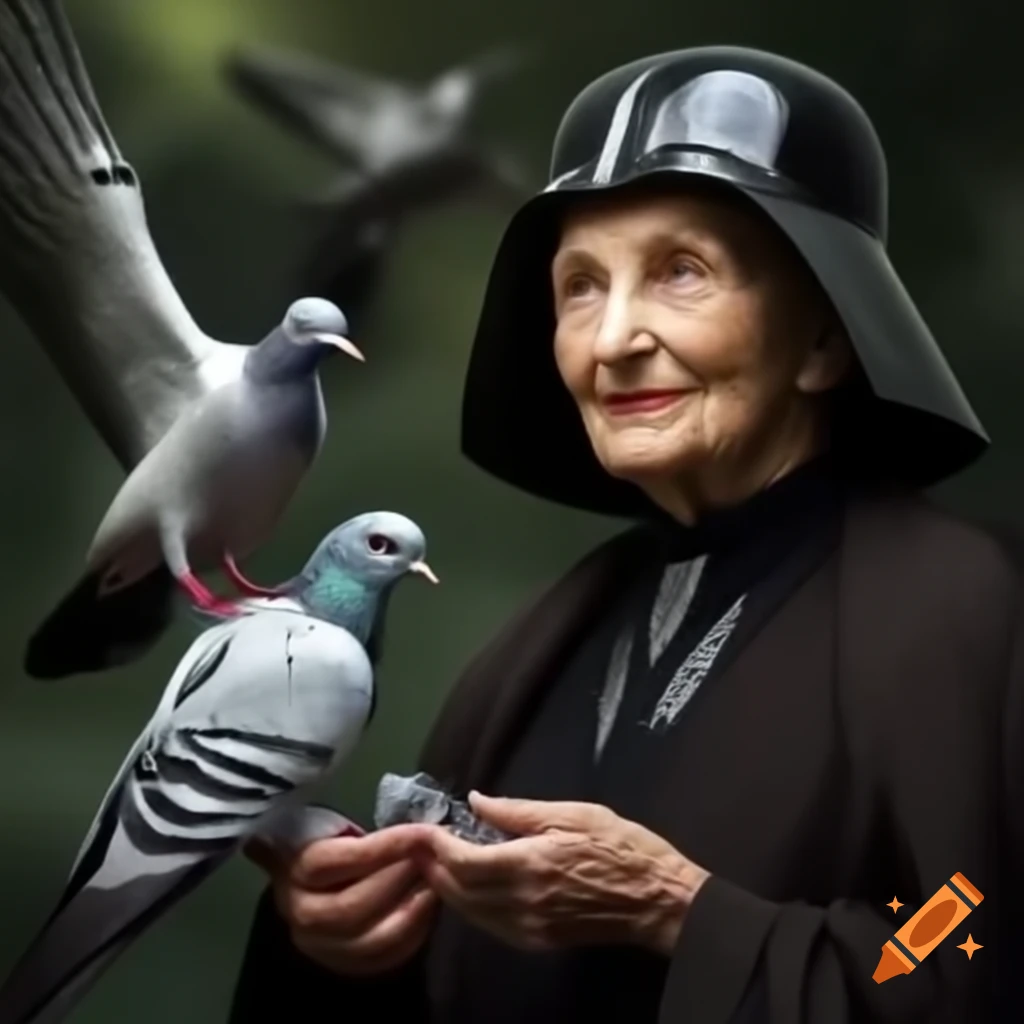 Old lady feeding pigeons wearing darth vader helmets in a park on craiyon
