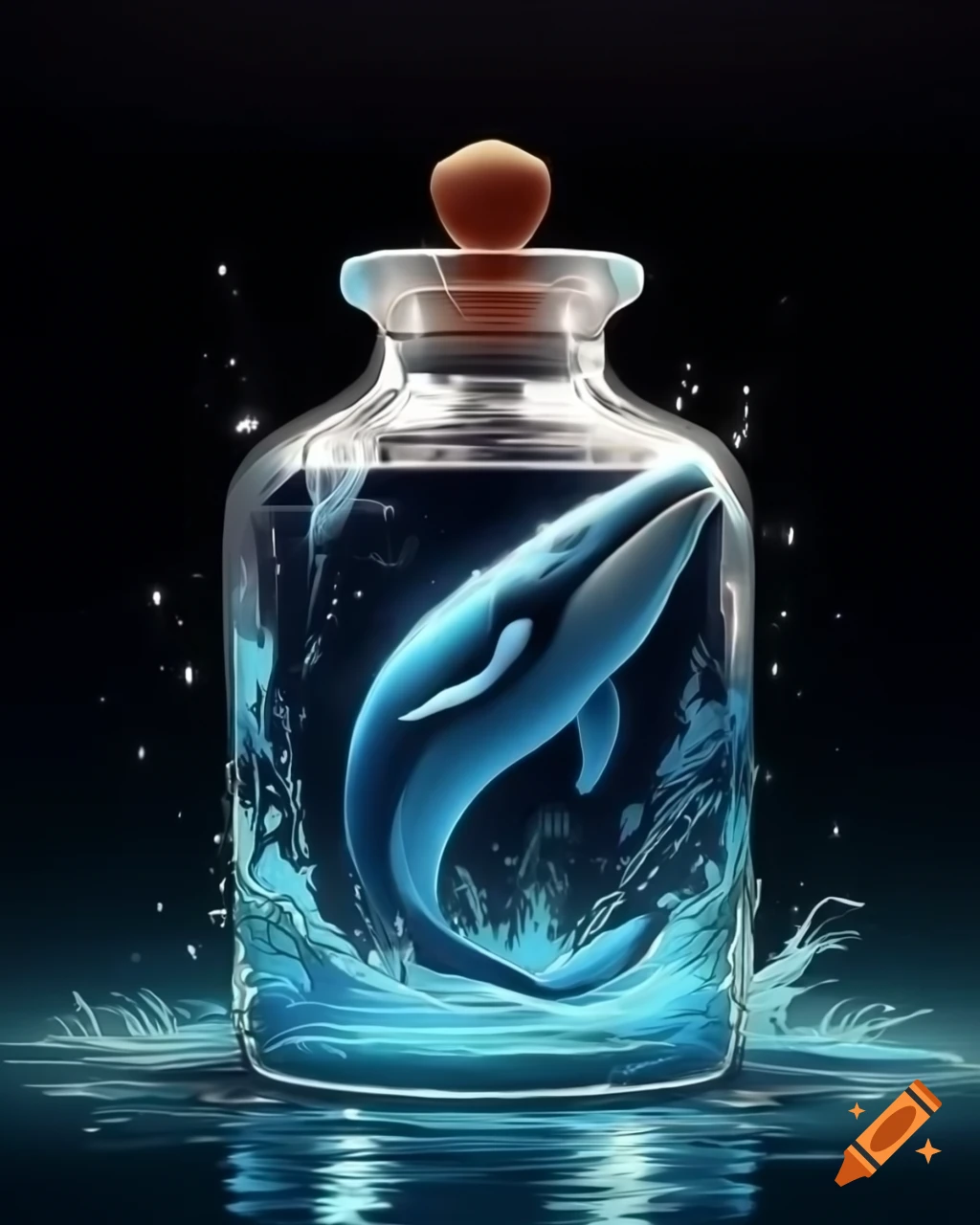 Artsy whale in glass bottle with ink outlines and subtle watercolor washes