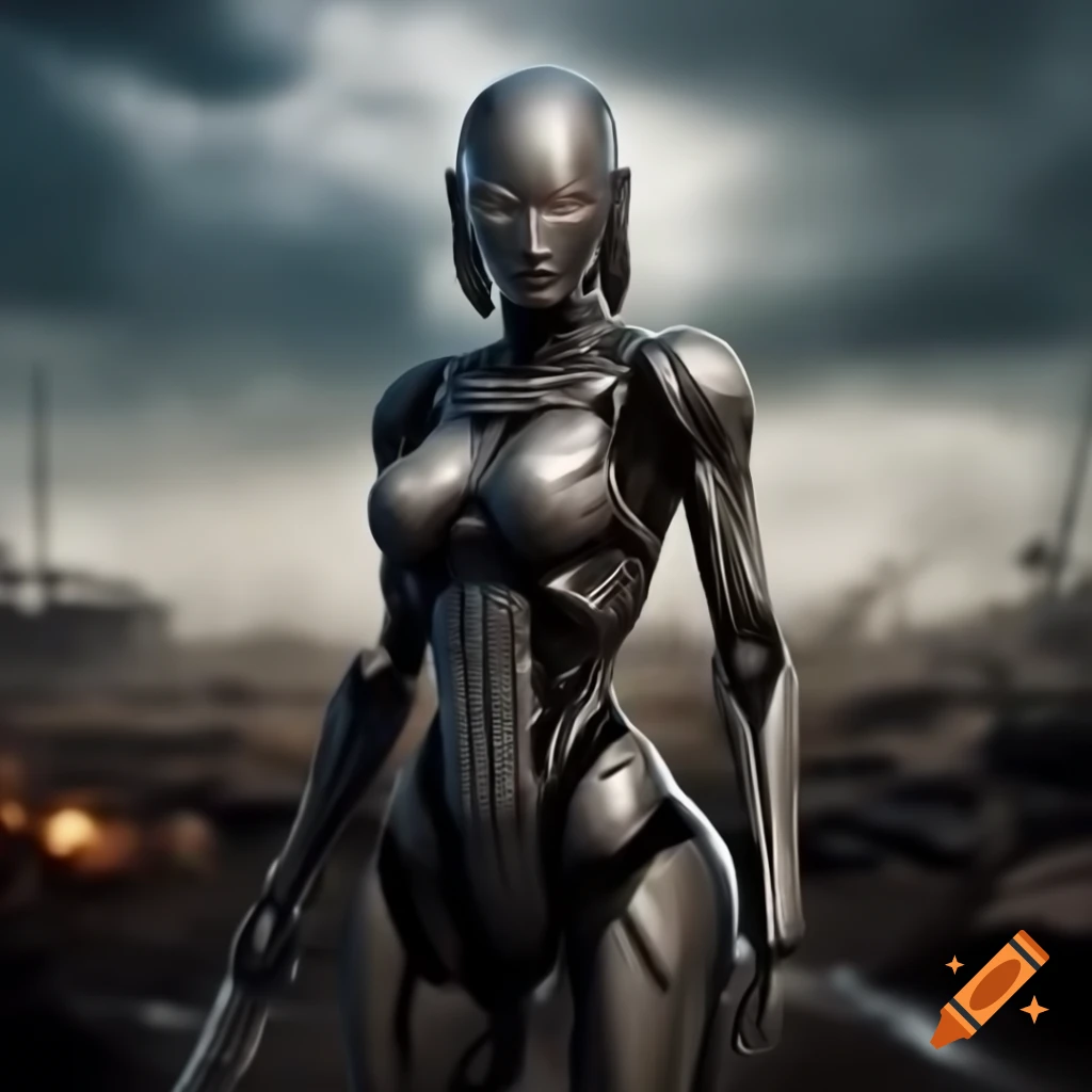 Cyborg warrior standing on a battlefield