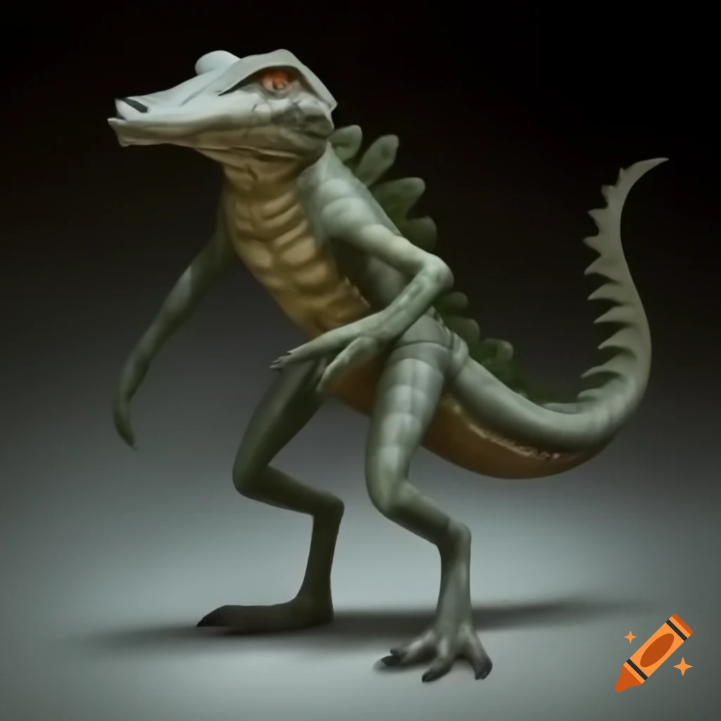Half human half crocodile creature with digitigrade legs and human-like posture