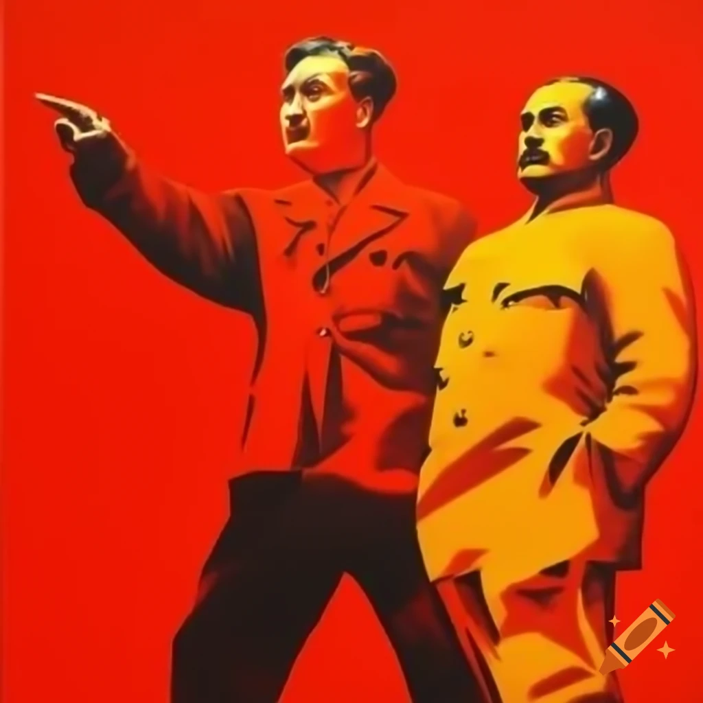 Bold Soviet-style propaganda poster featuring engineer pointing forward