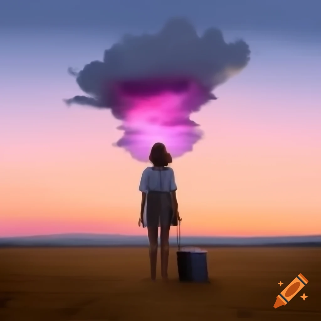 Woman in open field at sunset with suitcase overflowing with fluffy clouds