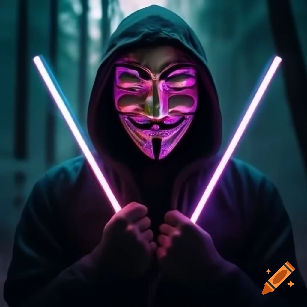 Hooded figure in forest holding double-ended lightsticks with neon Guy Fawkes mask