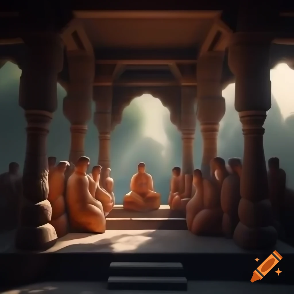 Intricately carved stone mandapam in serene natural environment, digital painting