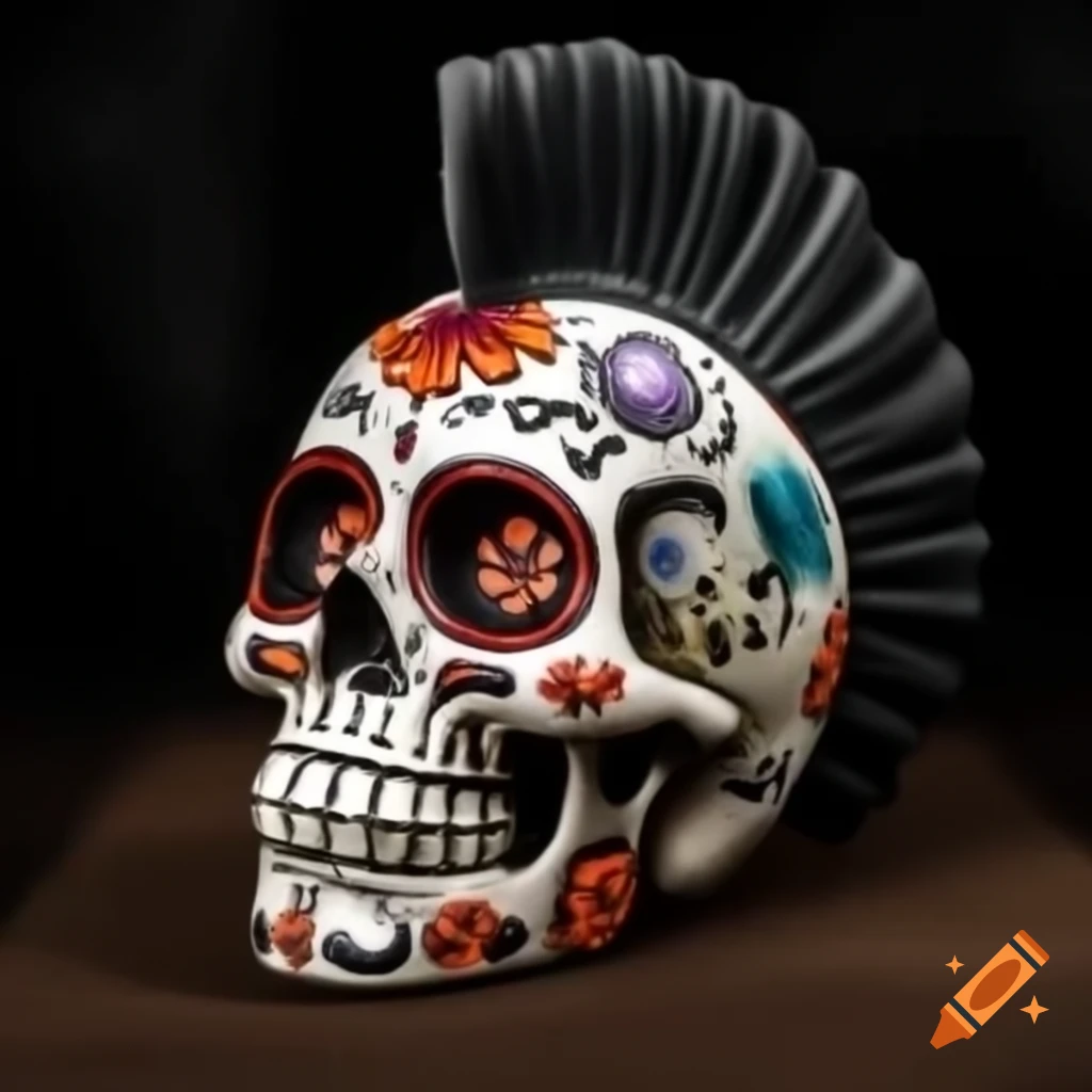 Punk rock Día de Muertos sugar skull with mohawk