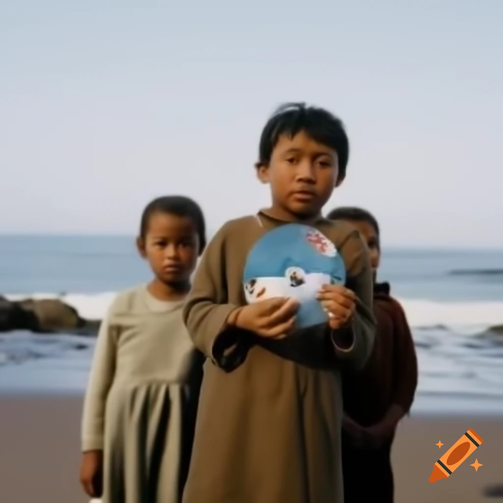 Three children playing by the seaside with a CD