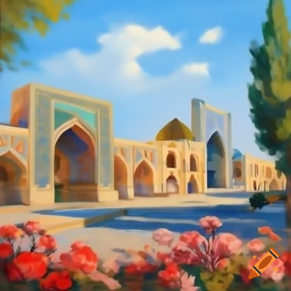 Impressionist painting of Shiraz city with Shiraz-gate archway surrounded by trees and flowers