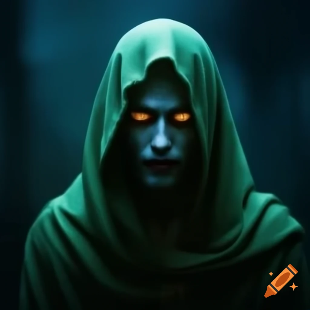 Mysterious figure in green robe with glowing eye in eerie pale blue light
