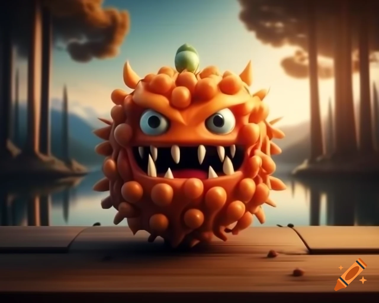 Hyper-realistic 3D orange fruit monster with human features on wooden table