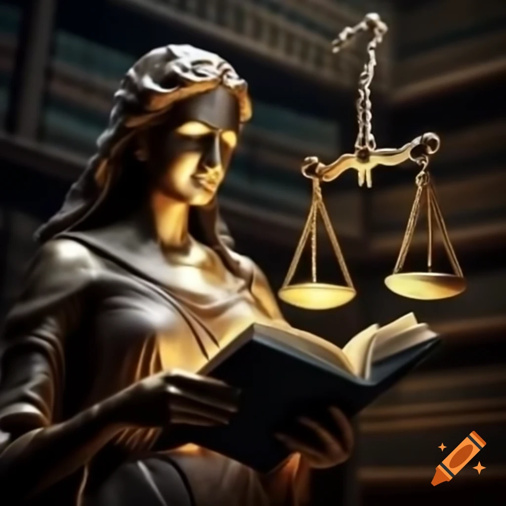 Lady Justice reading a penal code